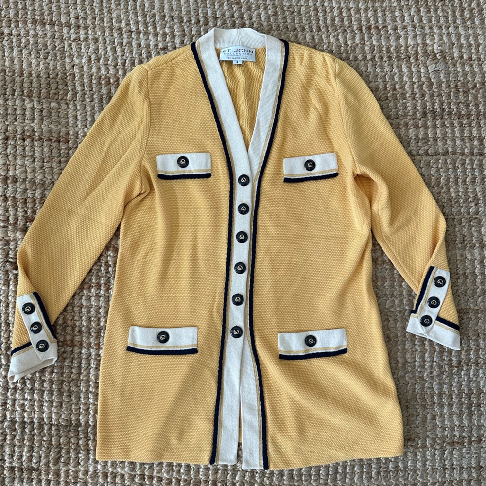 St John Collection Knit Yellow Blue trim Cardigan Blazer with Pockets sz 4 USA